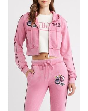 Von Dutch Cropped Raw Edge Full Zip Hoodie - Pink