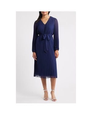 Sam Edelman Pleated Long Sleeve Chiffon Midi Dress - Blue