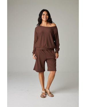 eavolu® Baikal Eco-Luxe Fleece Off-Shoulder Crop Top - Brown