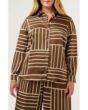 Estelle Josie Geo Stripe Satin Button-Up Shirt - Brown