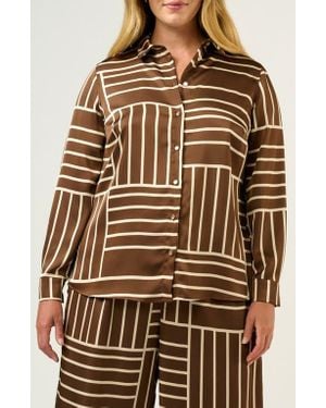 Estelle Josie Geo Stripe Satin Button-Up Shirt - Brown