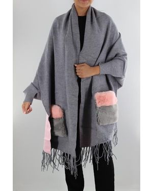 La Fiorentina Wrap With Faux Fur Pockets - Gray
