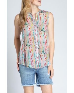 Apny Print Chiffon Button-Up Sleeveless Top - Blue