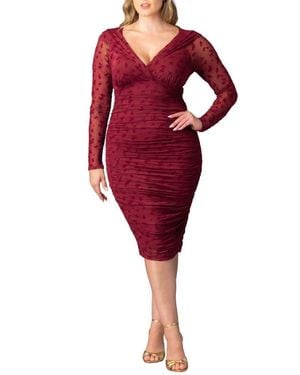 Kiyonna Betsey Ruched Elbow Sleeve Midi Bodycon Dress - Red