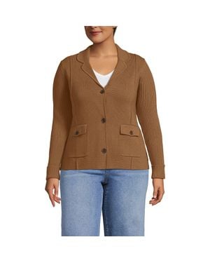 Lands' End Plus Size Drifter Ribbed Collared Blazer Sweater - Brown