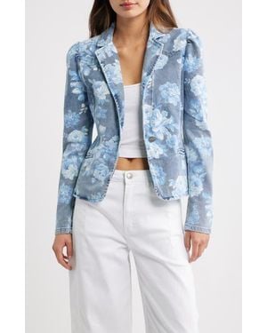 Tractr Floral Puff Sleeve Denim Jacket - Blue