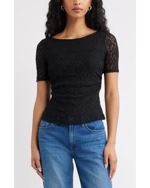 Open Edit Short Sleeve Lace Top - Black