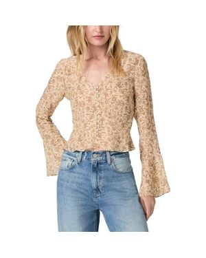 PAIGE Mila Metallic Floral Long Sleeve Silk Blend Button-Up Shirt - Blue