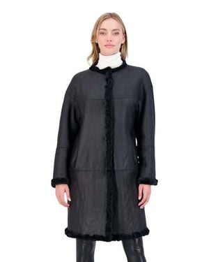 Gorski Reversible Collarless Genuine Shearling Short Coat - Blue