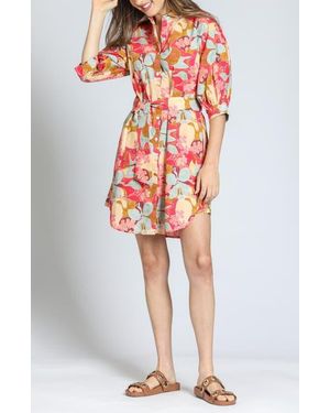 Apny Print Cotton Belted Shirtdress - Red