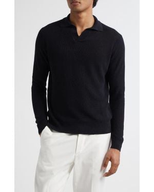 Thom Sweeney Skipper Long Sleeve Linen & Cotton Polo - Black