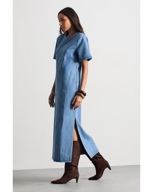 Warehouse Petite Denim Side Split Midi Dress - Blue