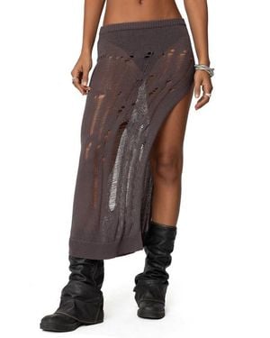 Edikted Jaynie Distressed Open Knit Maxi Skirt - Brown
