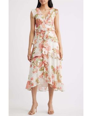 Cece Floral Metallic Detail Cascade Ruffle Dress - Multicolor