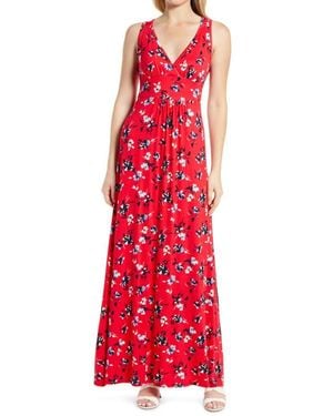 Loveappella Floral V-Neck Jersey Maxi Dress - Red