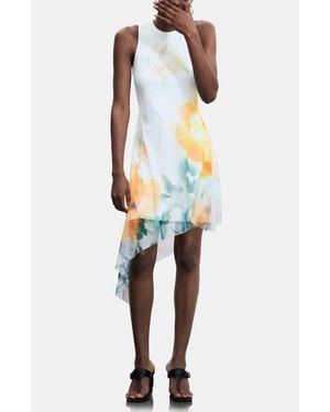 Desigual Abstract Floral Asymmetric Hem Dress - White