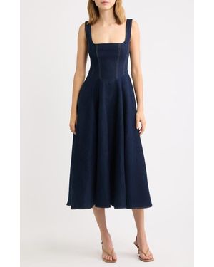 Odd Muse Square Neck Cotton Blend Denim Midi Dress - Blue