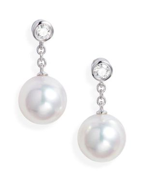 Mikimoto Diamond & Pearl Drop Earrings - White