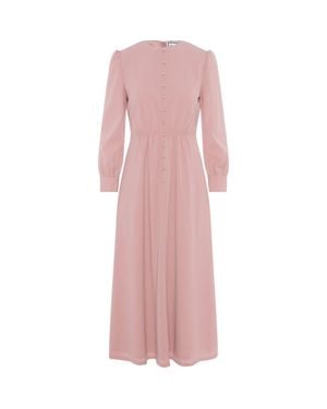 Milano Italy Linen Look Smocked Waist Faux Button Midi Dress - Pink
