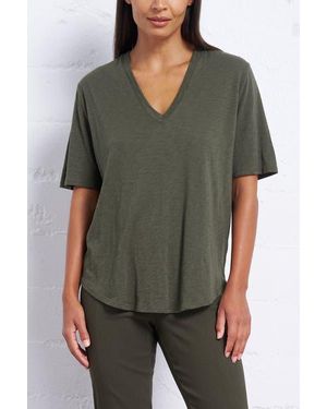 Franne Golde Slub Jersey V-Neck Elbow Sleeve Tee - Green