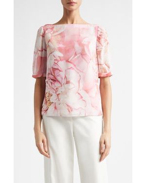 St. John Monique Le Jardin Print Georgette Top - Red
