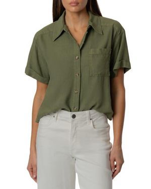 Kut From The Kloth Aida Linen Blend Short Sleeve Button-Up Top - Green