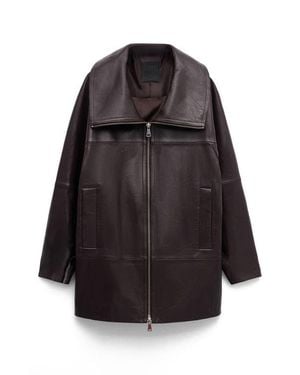 Mango Oversize Funnel Neck Leather Coat - Black