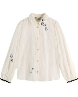 Scotch & Soda Kids' Floral Embroidered Cotton Button-Up Shirt - White
