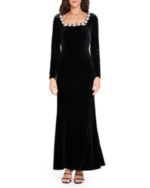 Tahari Rhinestone Neck Long Sleeve Velvet Gown - Black