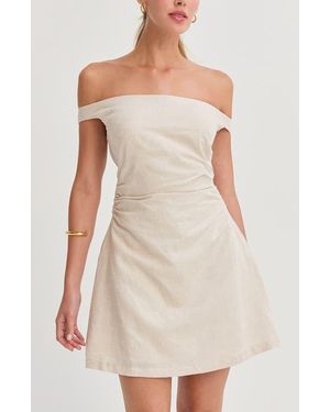 Crescent Off Shoulder Side Ruched Linen Mini Dress - White
