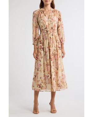 Anne Klein Smocked Waist Ruffle Trim Midi Dress - Natural