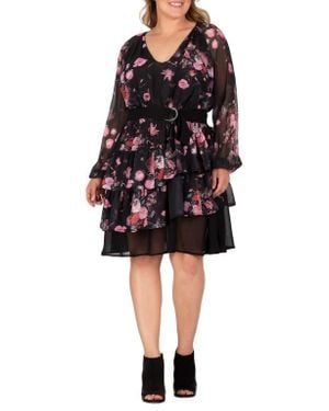 Standards & Practices Floral Print Belted Long Sleeve Chiffon Dress - Black