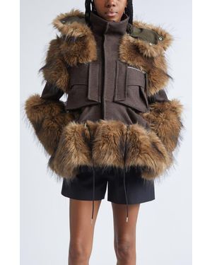 Sacai Melton Wool & Faux Fur Jacket - Brown