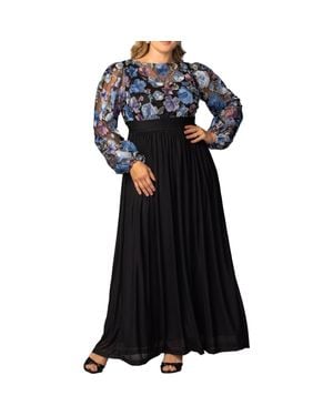 Kiyonna Floral Embroidered Long Sleeve Empire Waist Mesh Gown - Black