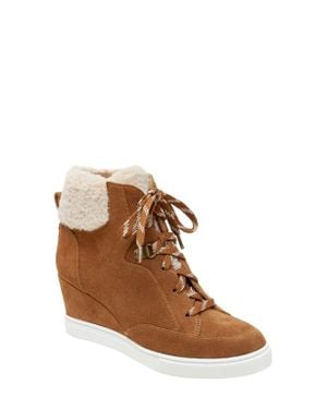 Linea Paolo Arden Faux Shearling Trimmed Wedge Sneakers in Brown Lyst