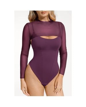 Popilush Sheer Shapewear Mesh Cutout Corset Bodysuit 2-Piece Set - Purple