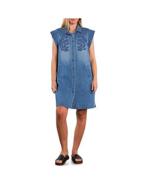 Wash Lab Denim Sundrift Embroidered Faded Cotton Blend Denim Shirtdress - Blue