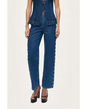 Nocturne Eyelet Detail Wide-Leg Denim Pants - Blue
