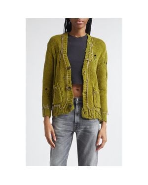 R13 Safety Pin Chain Detail Ripped Cotton Cardigan - Green