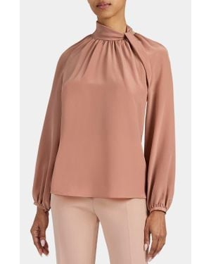 Santorelli Dakota Silk Mock Neck Blouse With Long Lantern Sleeves - Pink