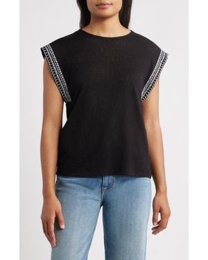 Bobeau Caty Embroidered Sleeve Knit Top - Black
