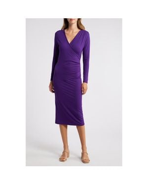 Loveappella Long Sleeve Faux Wrap Midi Dress - Purple