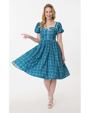 Unique Vintage 1940S Sweetheart Button Front Swing Dress - Blue