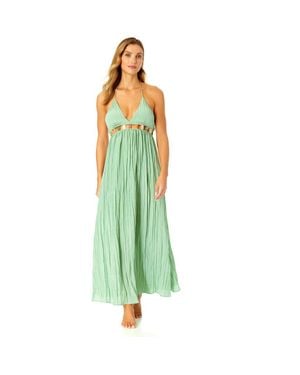 Anne Cole V Neck Jewel Maxi Dress With Spaghetti Straps Cover Up - Green