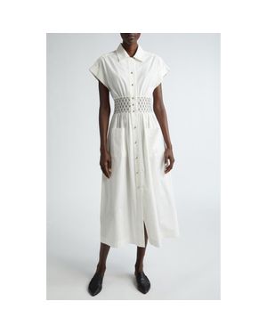 St. John Smocked Waist Poplin Midi Shirtdress - White