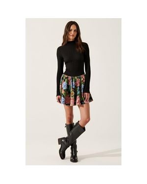 Modenaire Rib-Knit Mock Neck Long Sleeve Dress With Floral Skirt - Black
