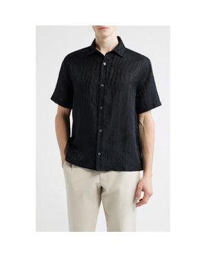 Open Edit Wavy Stripe Short Sleeve Button-Up Shirt - Black