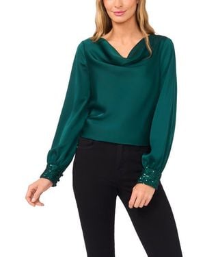 Cece Cowl Neck Sequin Cuff Charmeuse Top - Green