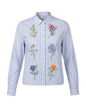 Viva K Embroidered Stripe Floral Detail Button Front Blouse - Blue