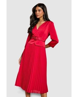 Coast Satin Bodice Pleat Skirt Midi Dress - Red